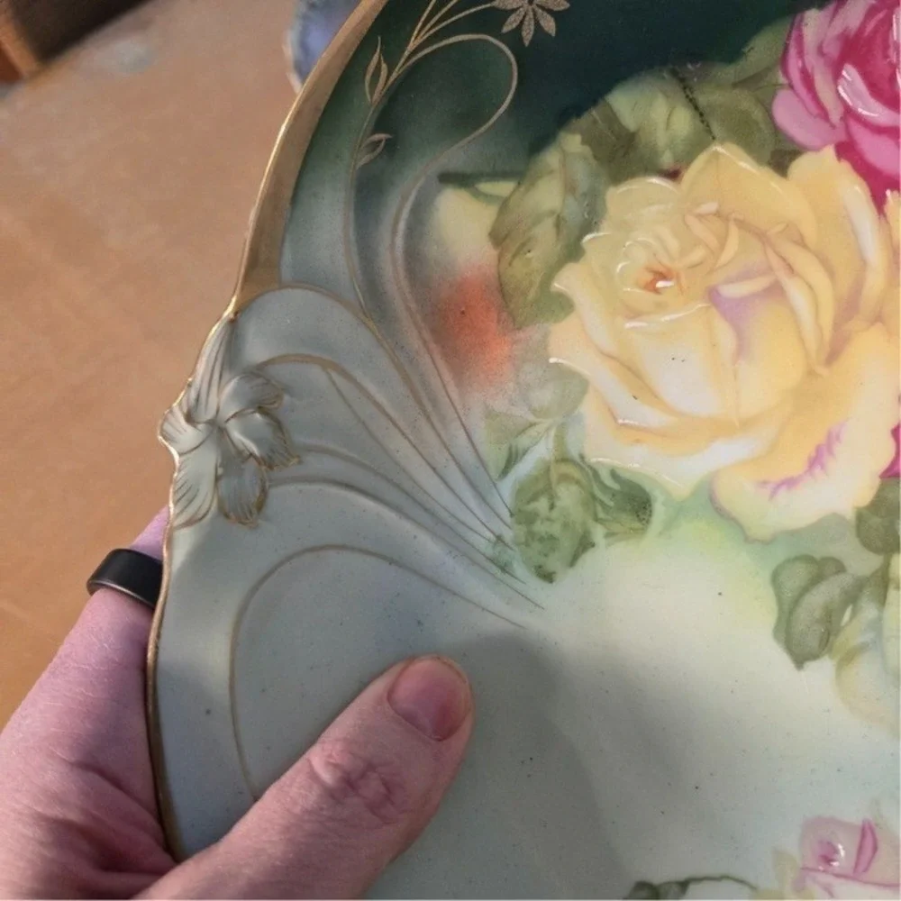 Antique Bavaria JPSV Serving Bowl Green w/ Roses‎ 10